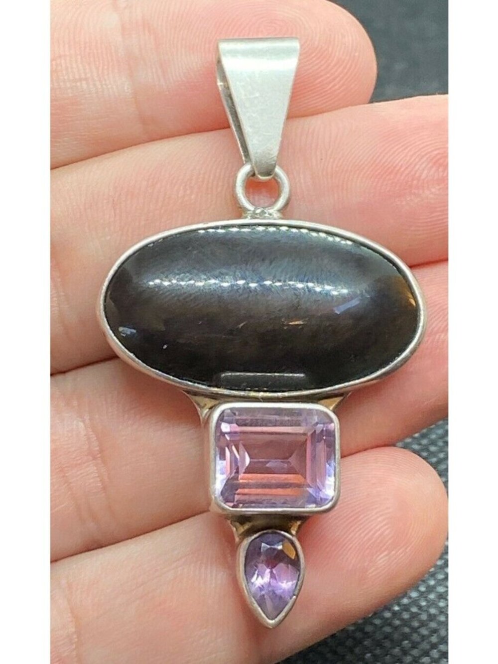 Charles Albert Pendant Fine Sterling Black Onyx & Amethyst Dangle Pendant